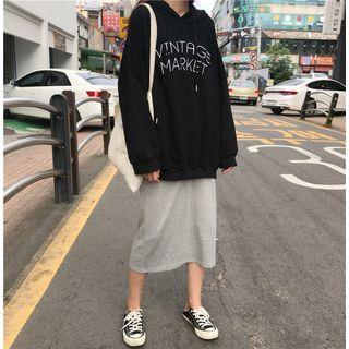 Drawstring Hoodie / Back Slit Midi Skirt
