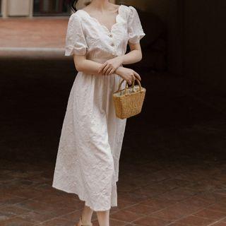 Short-sleeve V-neck Plain A-line Midi Dress