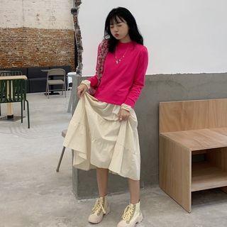 Mock Neck Knit Top / Long-sleeve Midi A-line Dress