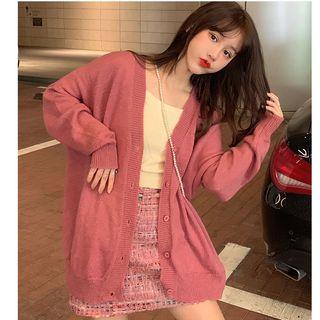 V-neck Cardigan / Knitted Camisole Top / Tweed A-line Skirt