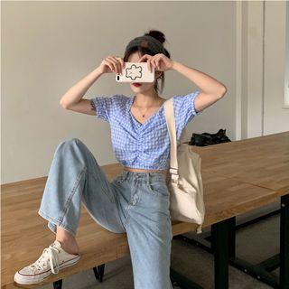 Gingham Short-sleeve Shirred Blouse / Washed Wide Leg Jeans