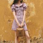 Elbow-sleeve Ruffled-trim-neck Plaid A-line Dress