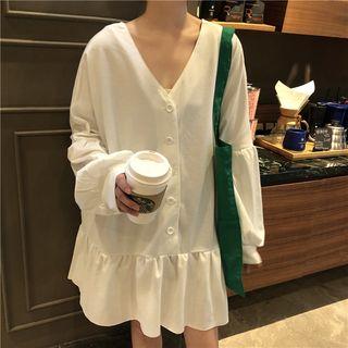 Long-sleeve Ruffle Hem Mini Shirtdress