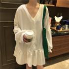 Long-sleeve Ruffle Hem Mini Shirtdress
