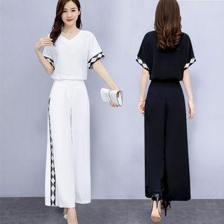 Set: Contrast Trim Short-sleeve Blouse + Wide-leg Pants