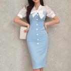 Two-tone Panel Bow Midi Bodycon Dress