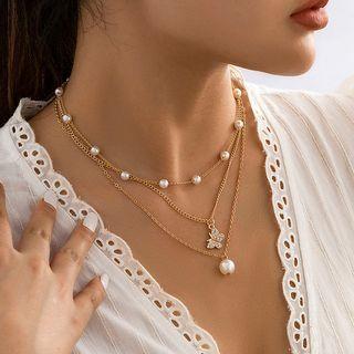 Set Of 3: Butterfly Rhinestone / Faux Pearl Pendant Alloy Necklace / Faux Pearl Alloy Choker (various Designs)