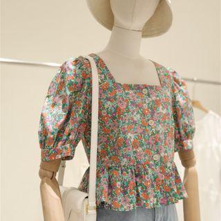 Floral Print Puff-sleeve Peplum Blouse