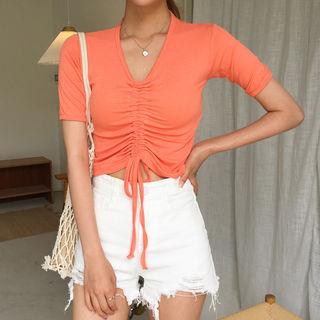 Drawstring-front Ribbed Top