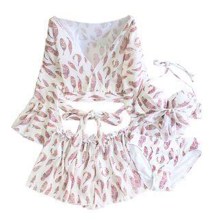 Set: Halter Feather Print Bikini + Cover-up Top + Mini Skirt