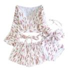 Set: Halter Feather Print Bikini + Cover-up Top + Mini Skirt