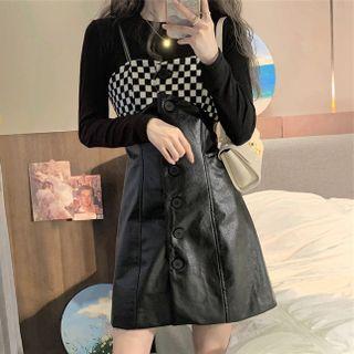 Faux Leather A-line Overall Dress / Long-sleeve Top