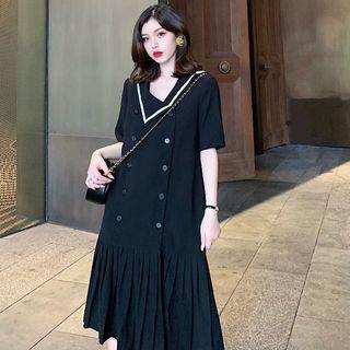 Sailor Collar Double-breasted Short-sleeve Midi Dress Black - One Size