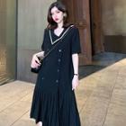 Sailor Collar Double-breasted Short-sleeve Midi Dress Black - One Size