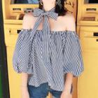 Striped Balloon-sleeve Off-shoulder Blouse