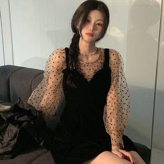 Puff-sleeve Dotted Blouse / Mini Overall Dress