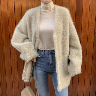 V-neck Hidden-button Furry Cardigan One Size
