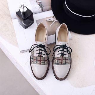 Genuine Leather Plaid Panel Patent Lace-up Shoes
