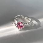 Heart Rhinestone Sterling Silver Open Ring Silver & Pink - Size 16