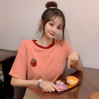 Strawberry Embroidered Short-sleeve T-shirt Watermelon Red - One Size