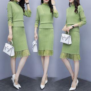 Set: Mock Neck Lace Panel Knit Dress + Sleeveless Knit Top