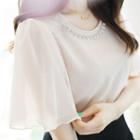 Rhinestone Round-neck Flared Short-sleeve Chiffon Top