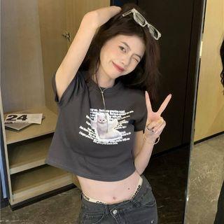 Short Sleeve Lettering Cat Print Crop T-shirt Gray - One Size