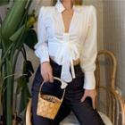 Long Puff Sleeve Tie-front Blouse