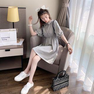 Elbow-sleeve Striped A-line Mini Polo Dress