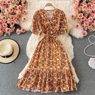 Short Sleeve Floral Print Drawstring Dress