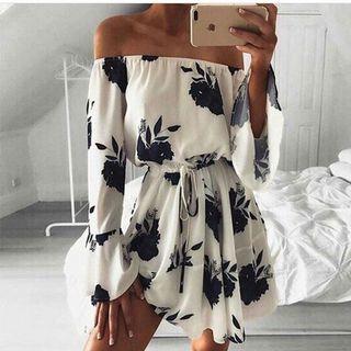 Printed Off-shoulder Long-sleeve A-line Dress
