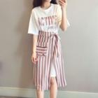 Set: Lettering T-shirt Dress + Striped A-line Midi Skirt
