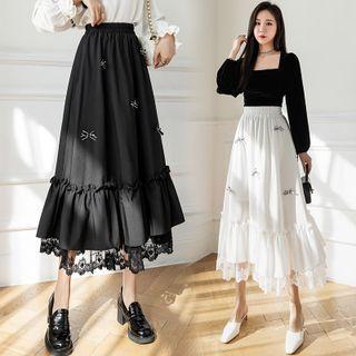 Bow-accent Lace Trim Midi A-line Skirt
