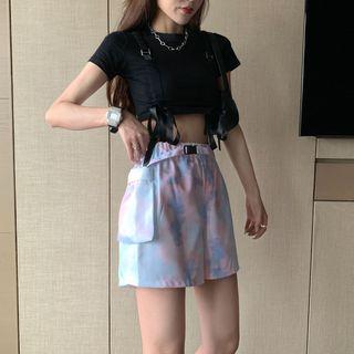 Short-sleeve Ribbon-accent Crop Top / Wide Leg Shorts