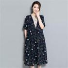 Short-sleeve Floral Panel Midi Dress