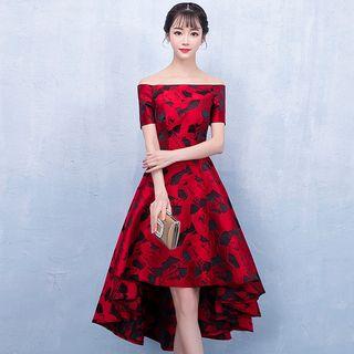 Off-shoulder Patterned Dip-back Prom Dress