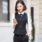 Skinny Dress Pants / V-neck Vest / Mini Pencil Skirt / Bow Accent Long-sleeve Blouse / Set