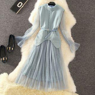 Set: Long-sleeve A-line Mesh Dress + Knit Vest
