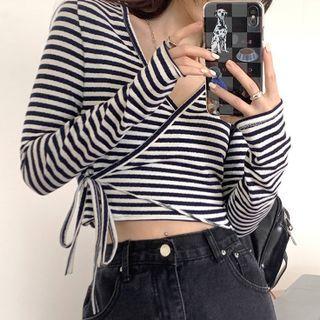 Long-sleeve Striped Wrap Top Black & White - One Size