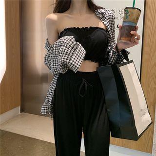 Plaid Shirt / Tube Top / Wide-leg Pants