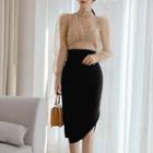 Set: Dotted Blouse + Side-slit High-waist Pencil Skirt
