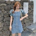 Puff-sleeve Floral Printed Slim Fit Denim Dress