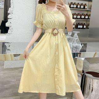 Short-sleeve Buttoned A-line Dress With Belt