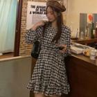 Long-sleeve Plaid A-line Dress Plaid - Gray - One Size
