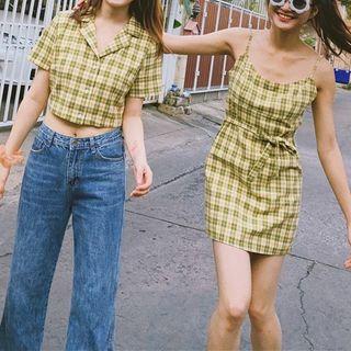 Plaid Short-sleeve Top / Strappy A-line Dress