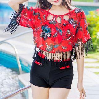 Set: Patterned Bikini Top + Swim Shorts + Cover Top