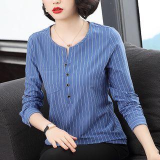Pinstriped Half-button Long-sleeve T-shirt