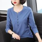 Pinstriped Half-button Long-sleeve T-shirt