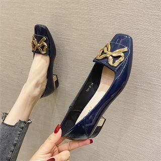 Bow Block Heel Faux Leather Pumps