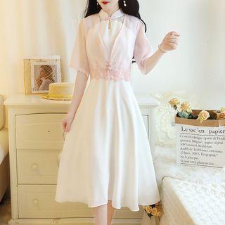 Set: Short-sleeve Embroidered Cardigan + Sleeveless Dress